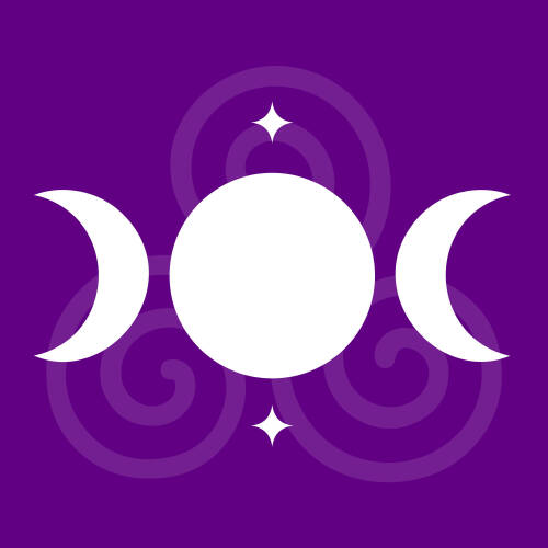 A white image of a moon waxing, whole, and waning to symbolize Wicca over a purple background with spirals.